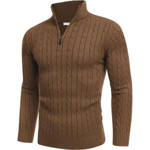 imageCOOFANDY Mens Quarter Zip Sweater Slim Fit Casual Knitted Turtleneck Pullover Mock Neck Polo SweaterCoffee Brown