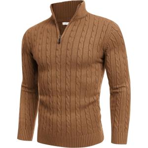 imageCOOFANDY Mens Quarter Zip Sweater Slim Fit Casual Knitted Turtleneck Pullover Mock Neck Polo SweaterLight Brown