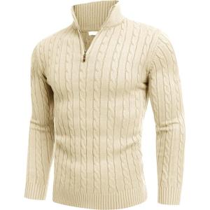 imageCOOFANDY Mens Quarter Zip Sweater Slim Fit Casual Knitted Turtleneck Pullover Mock Neck Polo SweaterLight Khaki