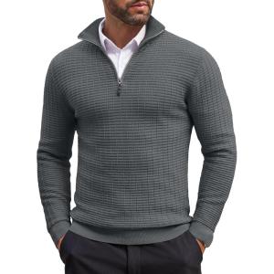 imageCOOFANDY Mens Quarter Zip Sweaters Slim Fit Lightweight Cotton Knitted Casual Mock Neck Pullover SweatersGray