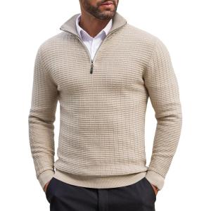 imageCOOFANDY Mens Quarter Zip Sweaters Slim Fit Lightweight Cotton Knitted Casual Mock Neck Pullover SweatersKhaki