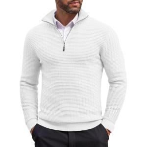 imageCOOFANDY Mens Quarter Zip Sweaters Slim Fit Lightweight Cotton Knitted Casual Mock Neck Pullover SweatersWhite