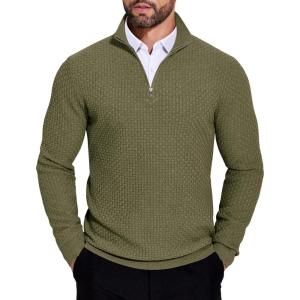 imageCOOFANDY Mens Quarter Zip Sweaters Slim Fit Lightweight Knitted Mock Neck Pullover Casual Polo SweatersArmy Green