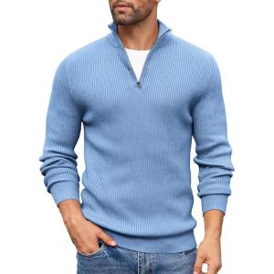 imageCOOFANDY Mens Quarter Zip Sweaters Slim Fit Mock Neck Pullover Sweater Lightweight Knitted Polo SweatersBlue