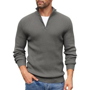 imageCOOFANDY Mens Quarter Zip Sweaters Slim Fit Mock Neck Pullover Sweater Lightweight Knitted Polo SweatersDark Grey