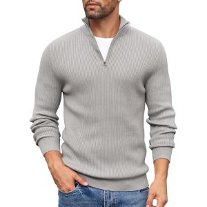 imageCOOFANDY Mens Quarter Zip Sweaters Slim Fit Mock Neck Pullover Sweater Lightweight Knitted Polo SweatersLight Grey
