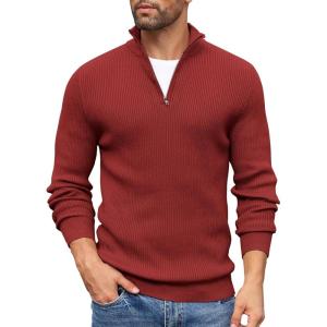 imageCOOFANDY Mens Quarter Zip Sweaters Slim Fit Mock Neck Pullover Sweater Lightweight Knitted Polo SweatersRed