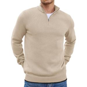 imageCOOFANDY Mens Quarter Zip Up Pullover Slim Fit Lightweight Mock Neck Long Sleeve SweatersKhaki