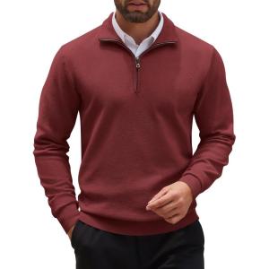 imageCOOFANDY Mens Quarter Zip Up Sweaters Slim Fit Casual Long Sleeve Knitted Mock Neck Pullover SweatersWine Red