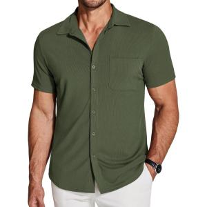 imageCOOFANDY Mens Ribbed Button Down Shirts Short Sleeve Casual Shirt with Pocket Summer Beach Camp TopsArmygreen