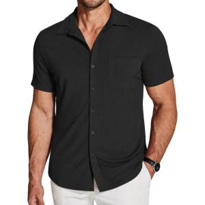 imageCOOFANDY Mens Ribbed Button Down Shirts Short Sleeve Casual Shirt with Pocket Summer Beach Camp TopsBlack