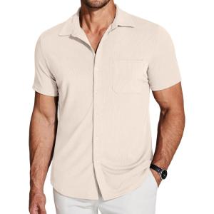 imageCOOFANDY Mens Ribbed Button Down Shirts Short Sleeve Casual Shirt with Pocket Summer Beach Camp TopsCream