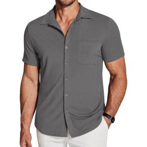 imageCOOFANDY Mens Ribbed Button Down Shirts Short Sleeve Casual Shirt with Pocket Summer Beach Camp TopsDark Grey