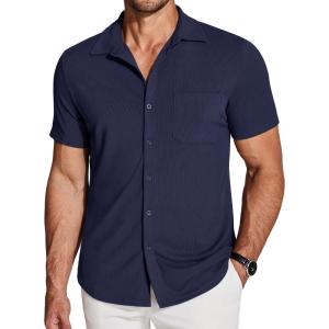 imageCOOFANDY Mens Ribbed Button Down Shirts Short Sleeve Casual Shirt with Pocket Summer Beach Camp TopsNavy Blue