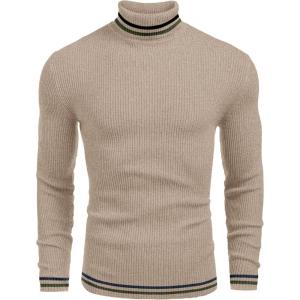 imageCOOFANDY Mens Ribbed Slim Fit Knitted Pullover Casual Turtleneck SweaterStripedblue  Army Green