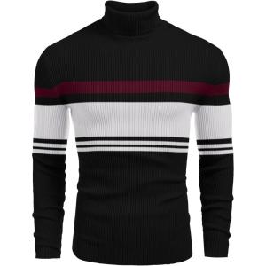 imageCOOFANDY Mens Ribbed Slim Fit Knitted Pullover Casual Turtleneck SweaterStripedlight Grey  Red