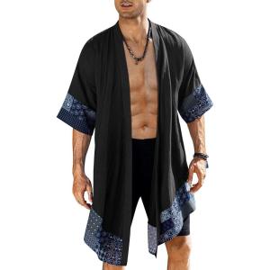 imageCOOFANDY Mens Ruffle Shawl Collar Lightweight Cardigan Long Kimono Jackets Open Front Drape Cape CoatAblack