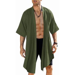 imageCOOFANDY Mens Ruffle Shawl Collar Lightweight Cardigan Long Kimono Jackets Open Front Drape Cape CoatArmy Green