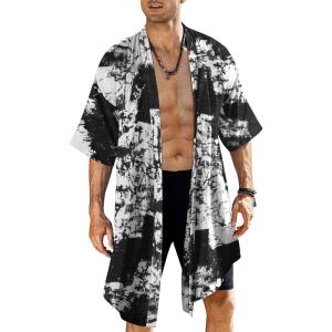 imageCOOFANDY Mens Ruffle Shawl Collar Lightweight Cardigan Long Kimono Jackets Open Front Drape Cape CoatBlack Tie Dye Print