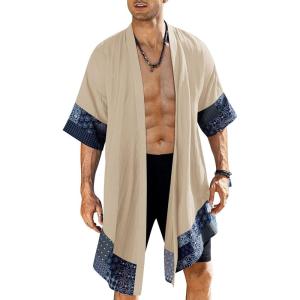imageCOOFANDY Mens Ruffle Shawl Collar Lightweight Cardigan Long Kimono Jackets Open Front Drape Cape CoatKhaki