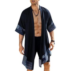 imageCOOFANDY Mens Ruffle Shawl Collar Lightweight Cardigan Long Kimono Jackets Open Front Drape Cape CoatNavy Blue