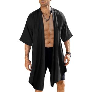 imageCOOFANDY Mens Ruffle Shawl Collar Lightweight Cardigan Long Kimono Jackets Open Front Drape Cape CoatTypebblack