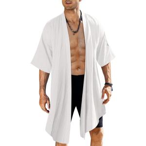 imageCOOFANDY Mens Ruffle Shawl Collar Lightweight Cardigan Long Kimono Jackets Open Front Drape Cape CoatTypebwhite