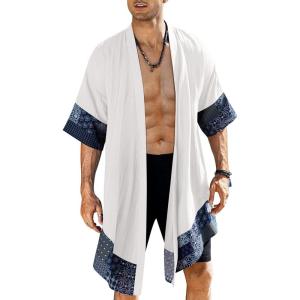 imageCOOFANDY Mens Ruffle Shawl Collar Lightweight Cardigan Long Kimono Jackets Open Front Drape Cape CoatWhite