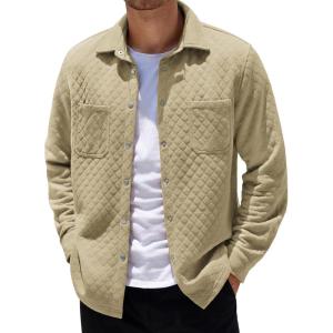 imageCOOFANDY Mens Shacket Long Sleeve Shirt Jacket with Pockets Lightweight Quilted OvershirtKhaki