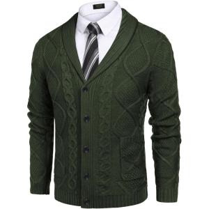imageCOOFANDY Mens Shawl Collar Cardigan Sweater Slim Fit Button Down Cable Knitted Sweater with PocketsArmy Green