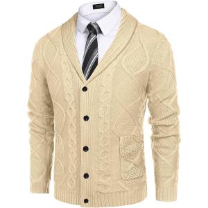 imageCOOFANDY Mens Shawl Collar Cardigan Sweater Slim Fit Button Down Cable Knitted Sweater with PocketsBeige