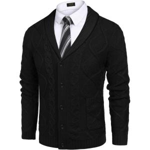 imageCOOFANDY Mens Shawl Collar Cardigan Sweater Slim Fit Button Down Cable Knitted Sweater with PocketsBlack