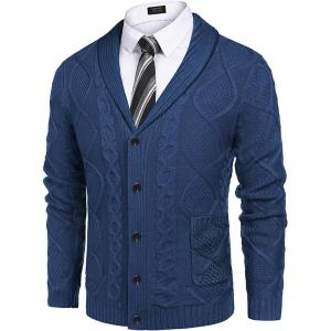 imageCOOFANDY Mens Shawl Collar Cardigan Sweater Slim Fit Button Down Cable Knitted Sweater with PocketsBlue