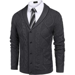 imageCOOFANDY Mens Shawl Collar Cardigan Sweater Slim Fit Button Down Cable Knitted Sweater with PocketsDark Grey