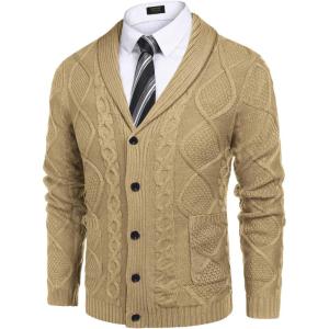 imageCOOFANDY Mens Shawl Collar Cardigan Sweater Slim Fit Button Down Cable Knitted Sweater with PocketsKhaki