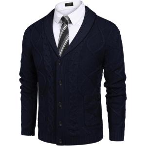 imageCOOFANDY Mens Shawl Collar Cardigan Sweater Slim Fit Button Down Cable Knitted Sweater with PocketsNavy Blue