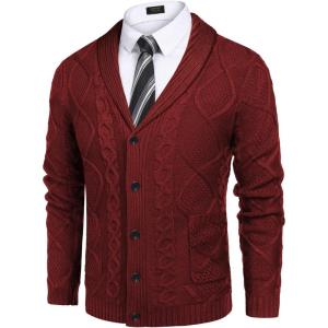 imageCOOFANDY Mens Shawl Collar Cardigan Sweater Slim Fit Button Down Cable Knitted Sweater with PocketsWine Red