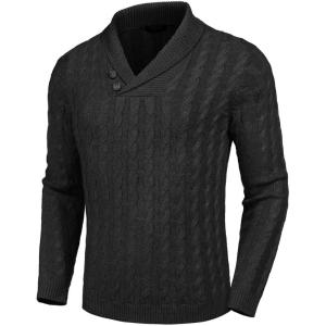 imageCOOFANDY Mens Shawl Collar Pullover Sweater Slim Fit Casual Button Cable Knit SweatersDark Grey