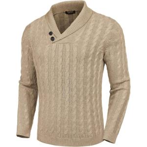 imageCOOFANDY Mens Shawl Collar Pullover Sweater Slim Fit Casual Button Cable Knit SweatersKhaki