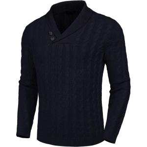 imageCOOFANDY Mens Shawl Collar Pullover Sweater Slim Fit Casual Button Cable Knit SweatersNavy Blue