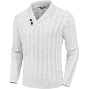 imageCOOFANDY Mens Shawl Collar Pullover Sweater Slim Fit Casual Button Cable Knit SweatersWhite
