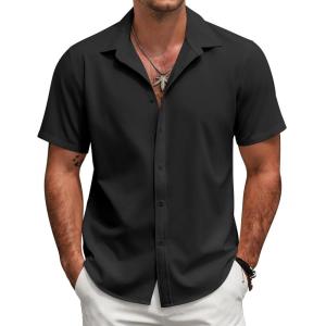 imageCOOFANDY Mens Short Sleeve Button Down Shirts Casual Linen Summer Beach Shirt Wrinkle FreeBlack