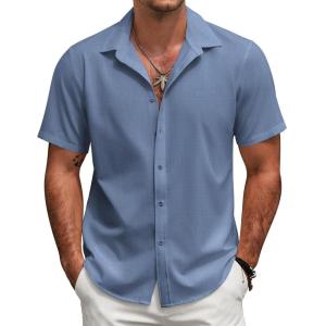 imageCOOFANDY Mens Short Sleeve Button Down Shirts Casual Linen Summer Beach Shirt Wrinkle FreeDark Blue