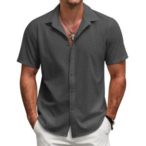 imageCOOFANDY Mens Short Sleeve Button Down Shirts Casual Linen Summer Beach Shirt Wrinkle FreeDark Gray
