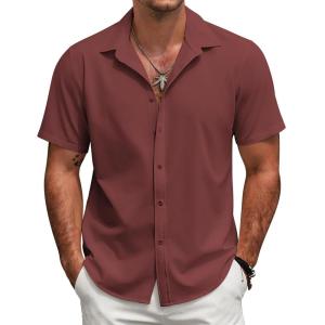 imageCOOFANDY Mens Short Sleeve Button Down Shirts Casual Linen Summer Beach Shirt Wrinkle FreeDark Red