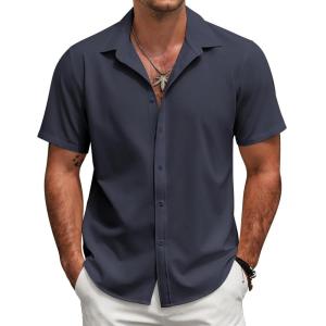 imageCOOFANDY Mens Short Sleeve Button Down Shirts Casual Linen Summer Beach Shirt Wrinkle FreeNavy Blue