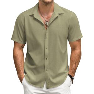 imageCOOFANDY Mens Short Sleeve Button Down Shirts Casual Linen Summer Beach Shirt Wrinkle FreeOlive Green