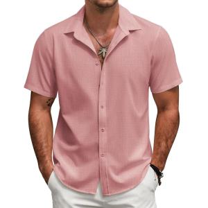 imageCOOFANDY Mens Short Sleeve Button Down Shirts Casual Linen Summer Beach Shirt Wrinkle FreePink