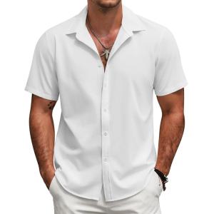 imageCOOFANDY Mens Short Sleeve Button Down Shirts Casual Linen Summer Beach Shirt Wrinkle FreeWhite