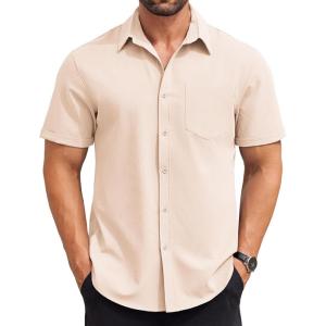 imageCOOFANDY Mens Short Sleeve Button Down Shirts Casual Summer Beach Shirt Wedding Dress Shirts with PocketCream